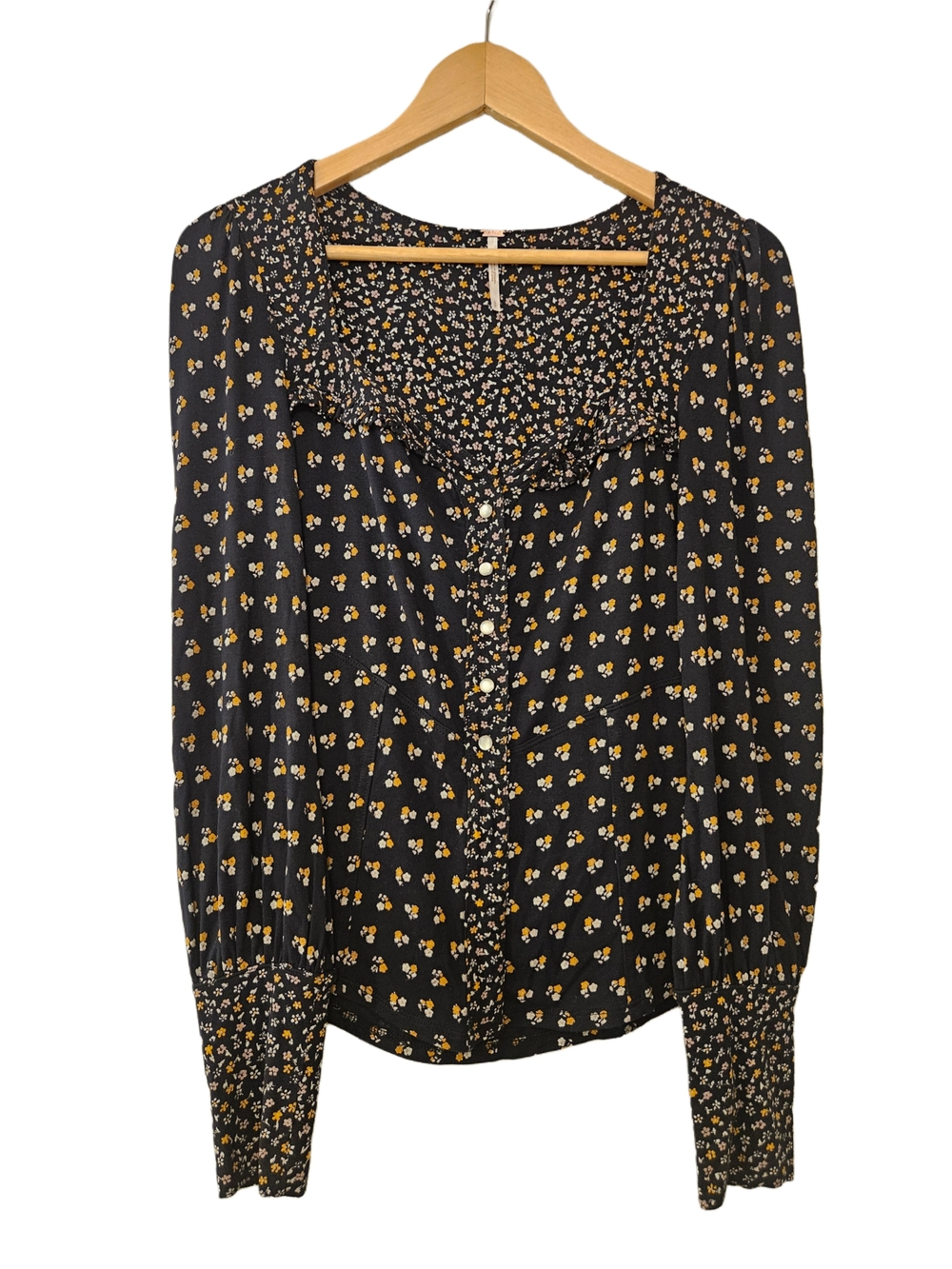 Free People Kissin' Kate Black Floral Pearl Snap Sweetheart Blouse Size S